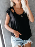 Solid Color Round Neck Pullover Loose Ripped Top T-shirt Aosig
