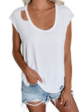 Solid Color Round Neck Pullover Loose Ripped Top T-shirt Aosig