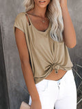 Solid Color Round Neck Pullover Loose Ripped Top T-shirt Aosig