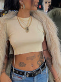 Solid Color Round Neck Pullover Short Sleeve Crop Navel Side T-Shirt Aosig