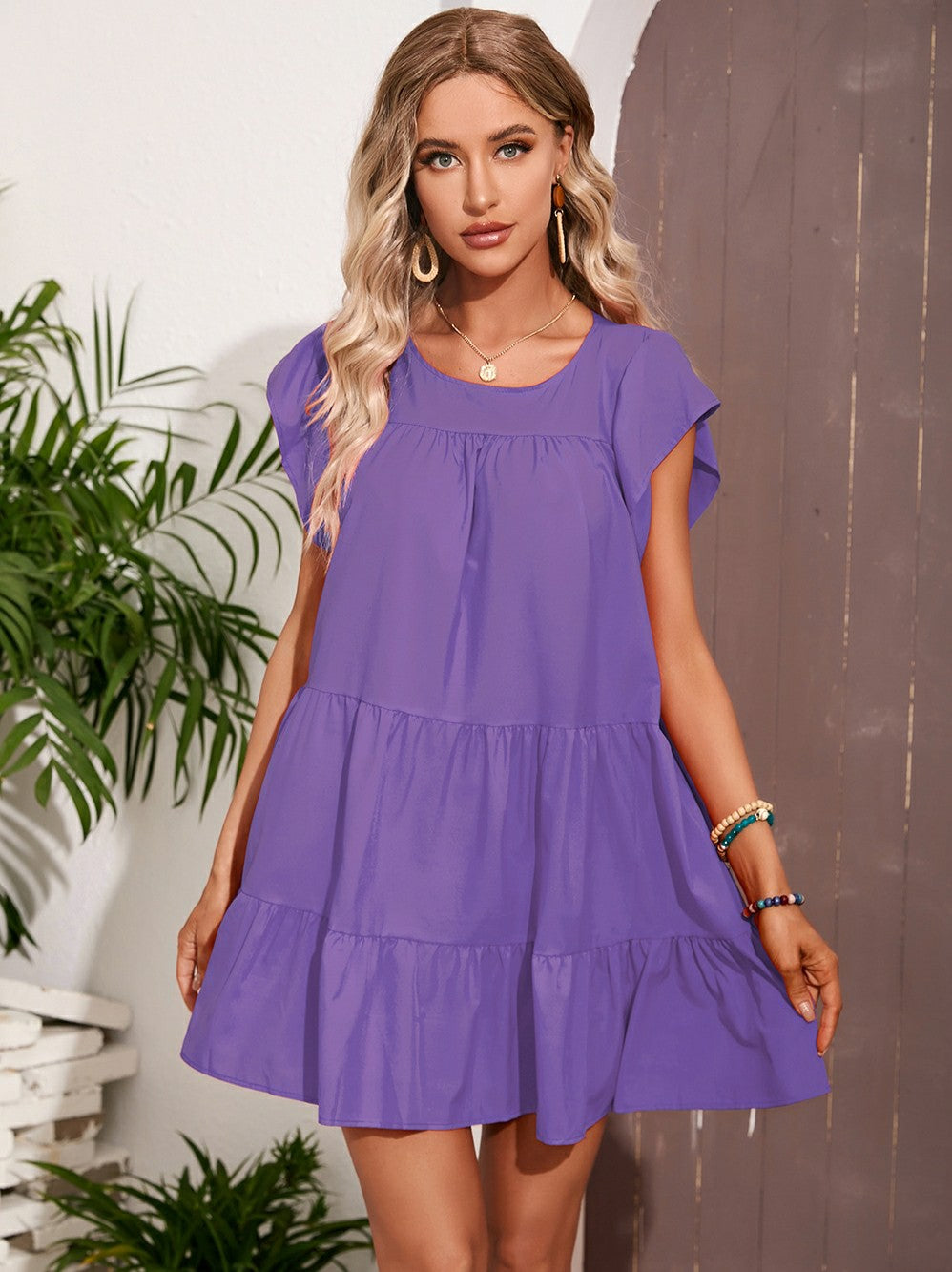 Solid Color Round Neck Short Sleeves Dress Aosig