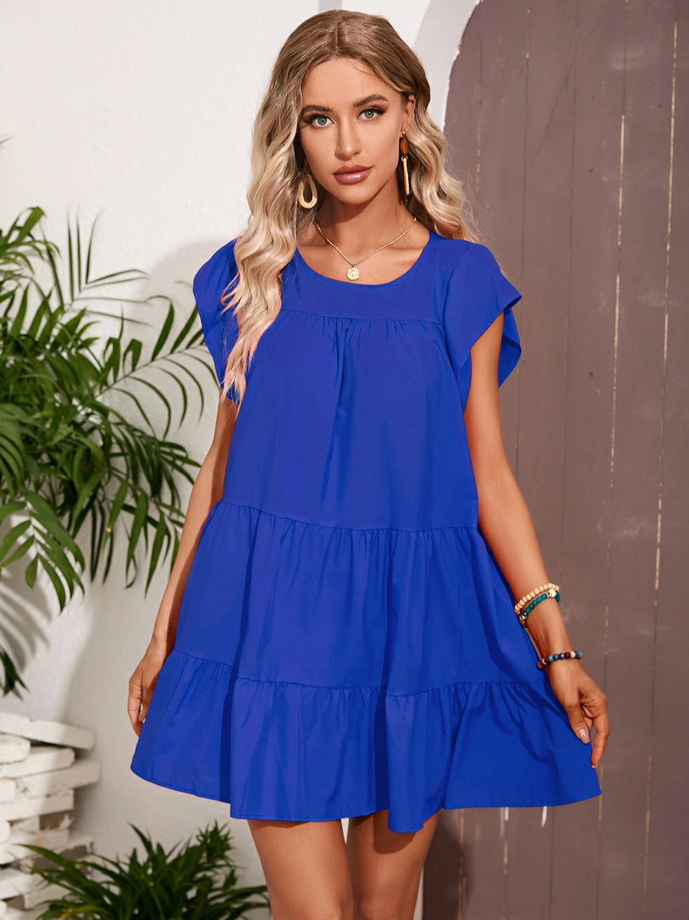 Solid Color Round Neck Short Sleeves Dress Aosig