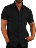 Solid Color Short Sleeve Button Men's Linen Shirt Aosig