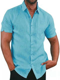 Solid Color Short Sleeve Button Men's Linen Shirt Aosig