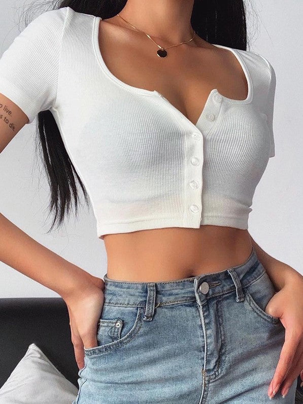 Solid Color Simple Casual Square Neck Top T-Shirt Aosig