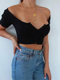 Solid Color Simple Casual Square Neck Top T-Shirt Aosig