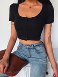 Solid Color Simple Casual Square Neck Top T-Shirt Aosig