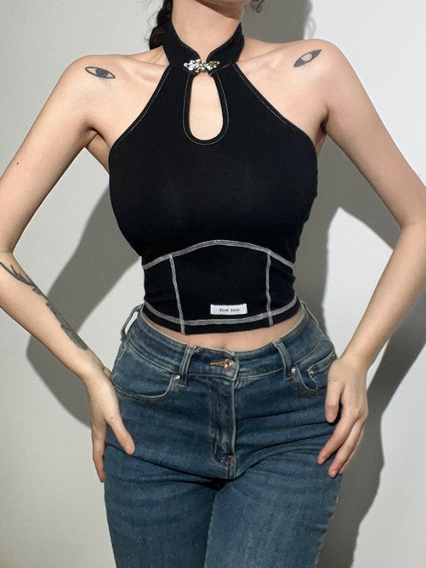 Solid Color Slim Fit Fashion Label Backless Halter Tank Top Aosig