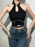 Solid Color Slim Fit Fashion Label Backless Halter Tank Top Aosig