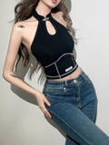 Solid Color Slim Fit Fashion Label Backless Halter Tank Top Aosig