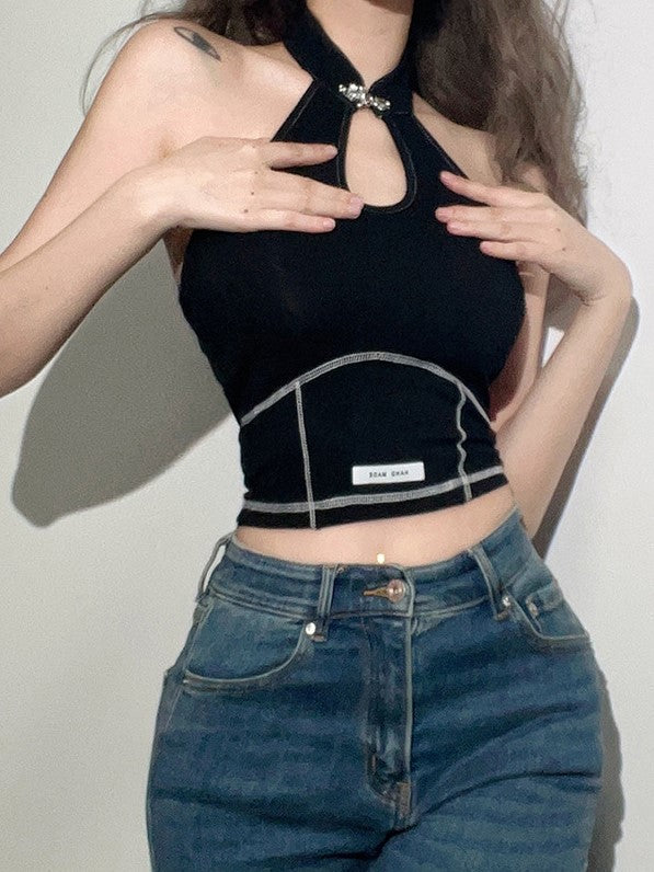 Solid Color Slim Fit Fashion Label Backless Halter Tank Top Aosig