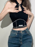 Solid Color Slim Fit Fashion Label Backless Halter Tank Top Aosig