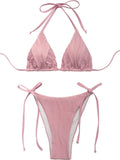 Solid Color Strappy Neck Bikini Swimsuit Aosig