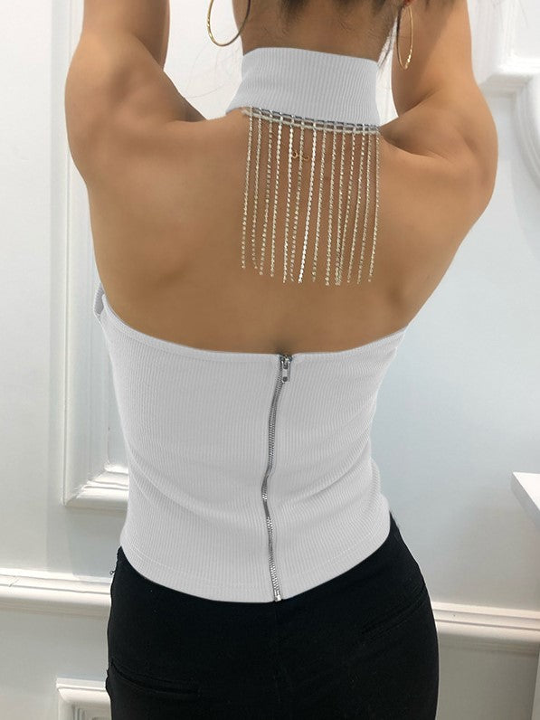 Solid Color Zip-Up Diamond Tassel Tank Top Aosig