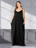 Solid Loose Double Pocket Sling Long Dress Aosig