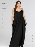 Solid Loose Double Pocket Sling Long Dress Aosig