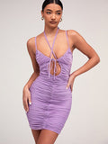 Solid color lace-up chest wrap suspender halter slim dress long skirt Aosig