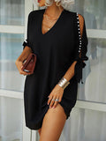 Solid color strapless V-neck beaded short-sleeved loose dress Aosig