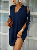 Solid color strapless V-neck beaded short-sleeved loose dress Aosig