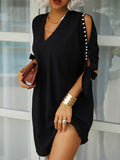 Solid color strapless V-neck beaded short-sleeved loose dress Aosig