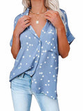 Star Print V-neck Buttoned Bat Short-sleeve Shirt Aosig