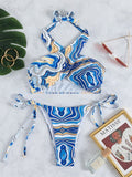 Striped Print Cross Lace-up Bikini Swimsuit Aosig