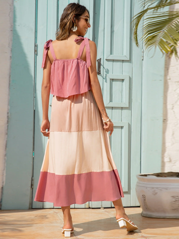 Suspender Stitching Contrast Color Maxi Dress Aosig