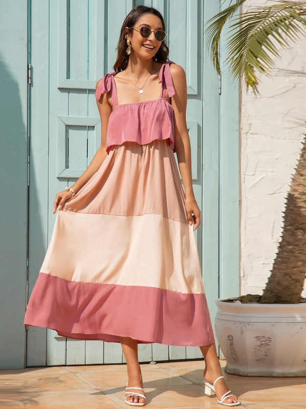 Suspender Stitching Contrast Color Maxi Dress Aosig