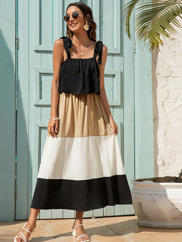 Suspender Stitching Contrast Color Maxi Dress Aosig