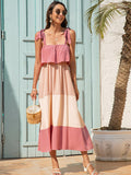 Suspender Stitching Contrast Color Maxi Dress