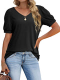 T-Shirt V-Neck Loose Short Sleeve High Stretch Casual Puff Sleeve Top Aosig