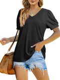 T-Shirt V-Neck Loose Short Sleeve High Stretch Casual Puff Sleeve Top Aosig