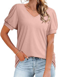 T-Shirt V-Neck Loose Short Sleeve High Stretch Casual Puff Sleeve Top Aosig