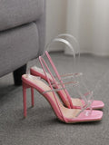 Thin Strap Square Toe Luxury Rhinestone Stiletto High Sandals Aosig