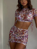 Three-piece set of printed mesh see-through round neck short skirt Aosig