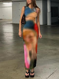 Tie Dyed Printed Split  Dress Aosig