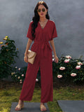 Tie Waist Solid Jumpsuit Aosig