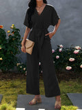 Tie Waist Solid Jumpsuit Aosig