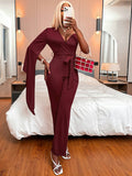 V-Neck Jumpsuit Cropped Pants Aosig