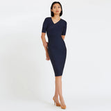 V Neck Short Sleeve Plain Midi Bandage Dress