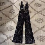 V Neck Sleeveless Sequined Bodycon Jumpsuit Aosig