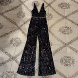 V Neck Sleeveless Sequined Bodycon Jumpsuit Aosig