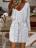 V-Neck Slip Pocket Lace-Up Long Sleeve Dress Aosig