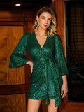 V-Neck Tie Sequin Cocktail Dress Aosig