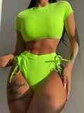 Short Sleeves Tie Sid Hollow Back Green Bikini Swimsuit