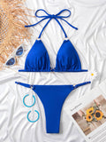 Solid Color Hollow Bandage Backless Padded Halter-Neck Bikini Swimsuit