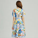 Majolica Print Tie Waist Midi Dress Flaxmaker