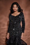 V Neck Sequin Long-sleeved  Ruffle Dress