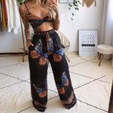 Lässiges, bedrucktes, sexy Crop-Top und Hose mit weitem Bein, zweiteiliges Set