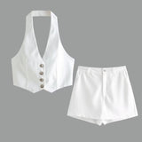 Fashion Halter Buttons Solid Color Two Piece Set